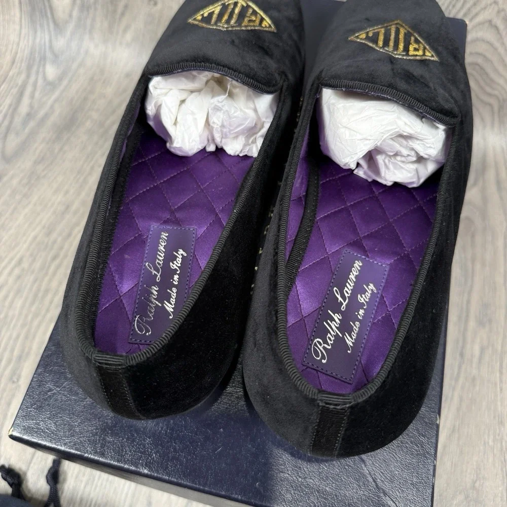 NEW Ralph Lauren Purple Label Alonzo Black Velvet RL Deco Bullion Slippers 12 D